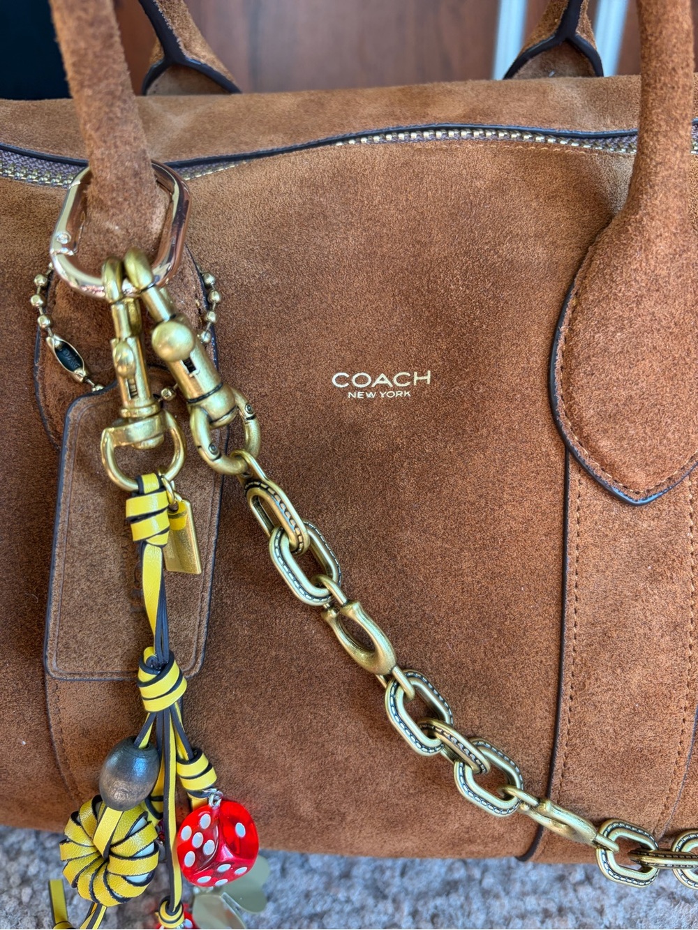 Coach Large Compass Bag 35 CCW80 Warm Brown Suede Crossbody Satchel with Charms - Picture 2 of 11
